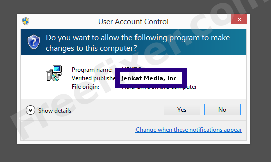 Screenshot where Jenkat Media, Inc appears as the verified publisher in the UAC dialog